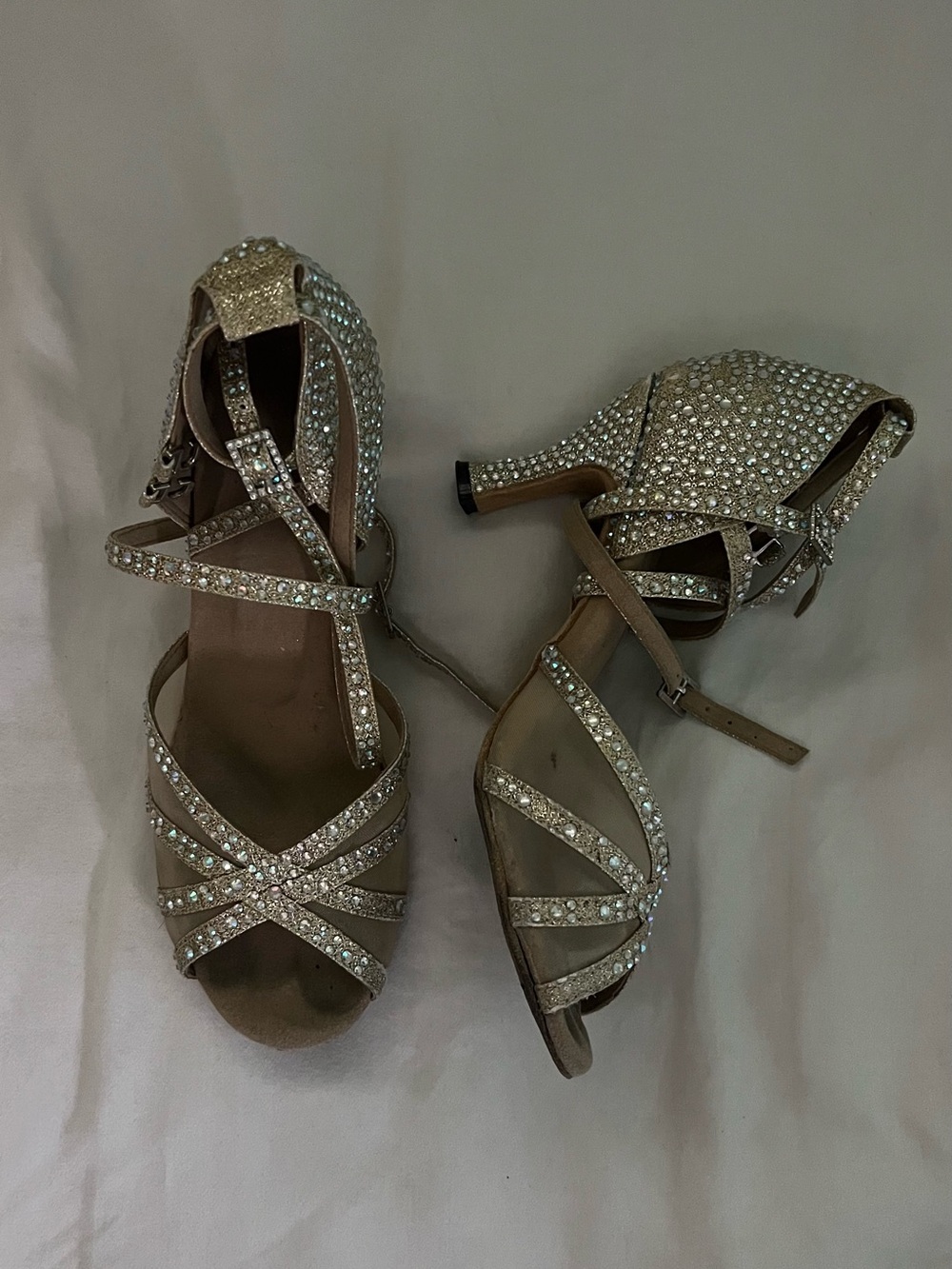 Women's Dance shoes Cuban hill Crystal Embellished Strappy Heels in Champagne